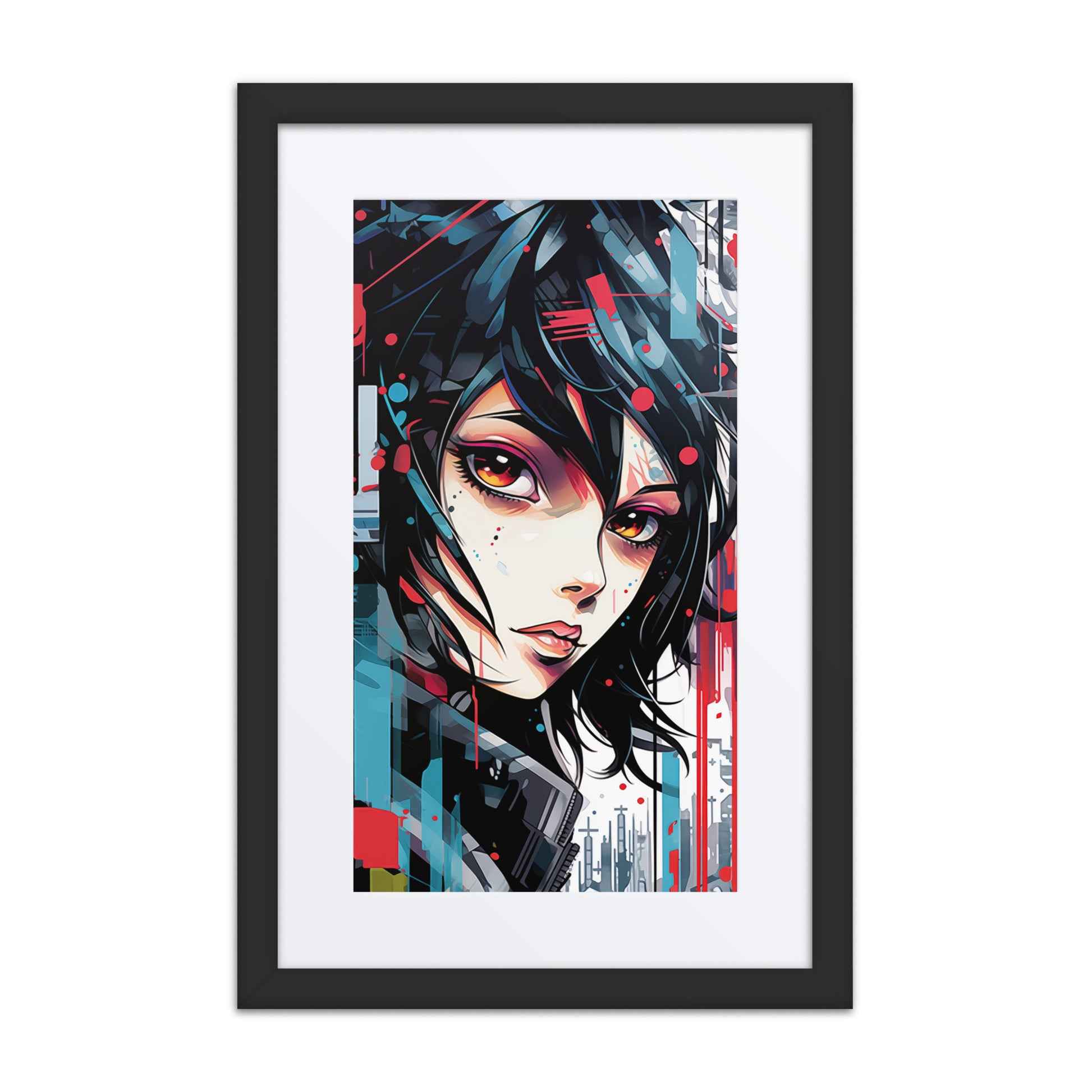 A dynamic print from the original painting, featuring bold reds and blues, sharp geometric forms, and organic textures that symbolize the balance of fragility and resilience.