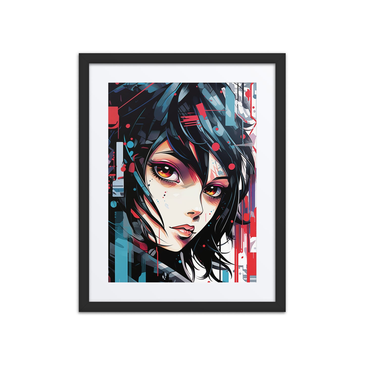 A dynamic print from the original painting, featuring bold reds and blues, sharp geometric forms, and organic textures that symbolize the balance of fragility and resilience.