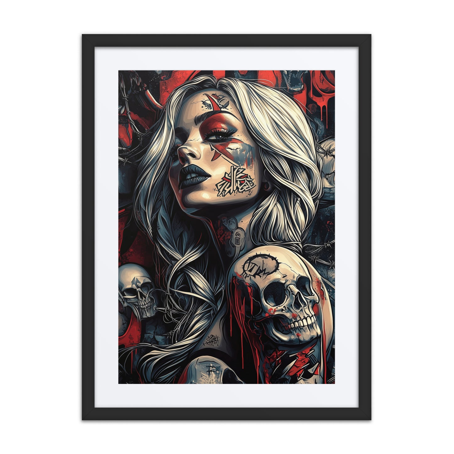 A striking print from the original painting, featuring barbed designs and an enigmatic presence that balances beauty and danger in a cyberpunk aesthetic.