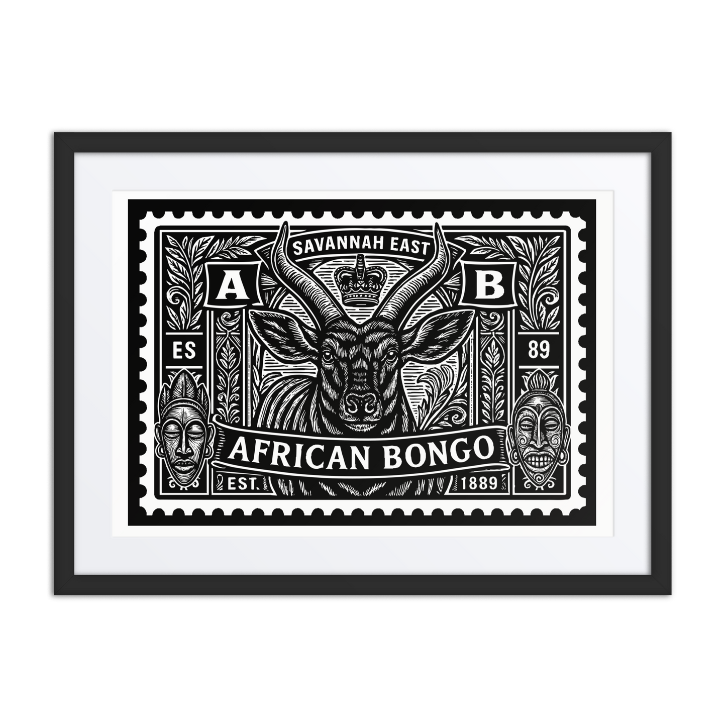 Black and white linocut stamp illustration of an African bongo antelope with spiral horns, framed by tribal motifs, foliage, and the words “Savannah East” and “1889”