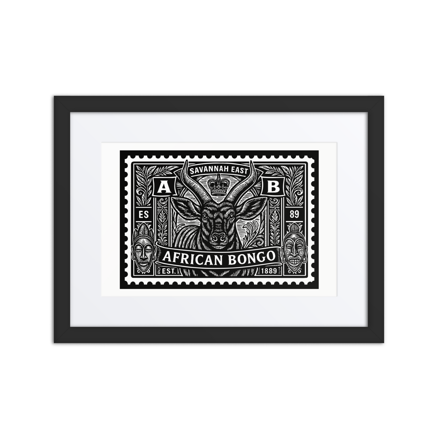 Black and white linocut stamp illustration of an African bongo antelope with spiral horns, framed by tribal motifs, foliage, and the words “Savannah East” and “1889”