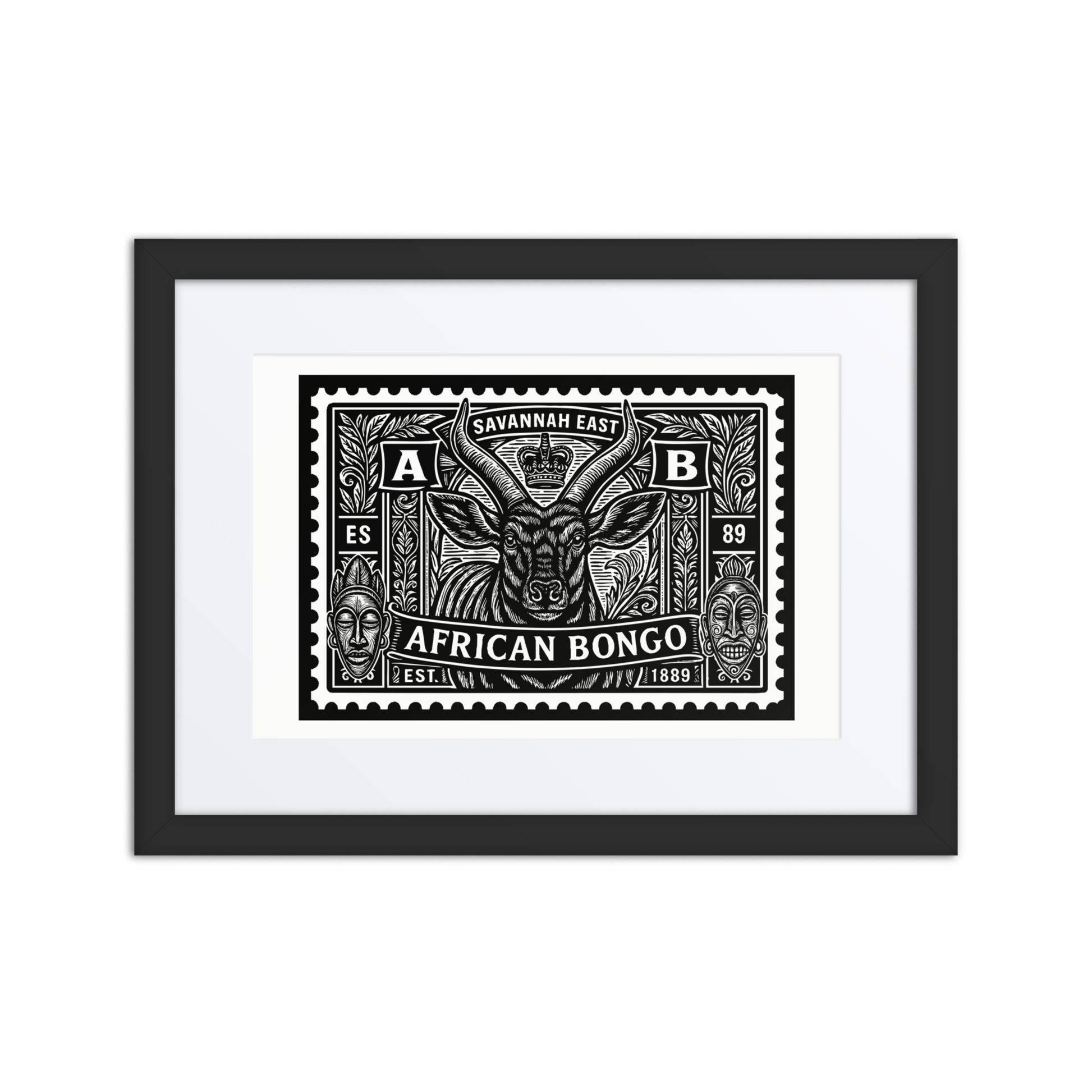 Black and white linocut stamp illustration of an African bongo antelope with spiral horns, framed by tribal motifs, foliage, and the words “Savannah East” and “1889”