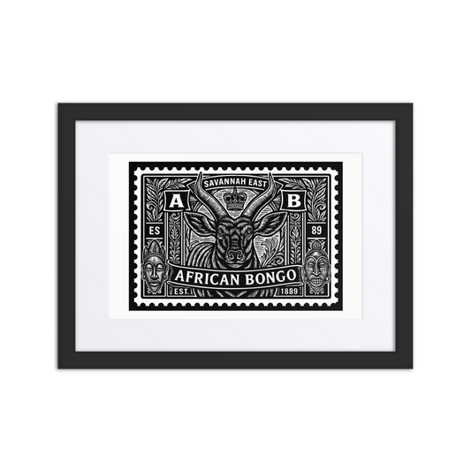 Black and white linocut stamp illustration of an African bongo antelope with spiral horns, framed by tribal motifs, foliage, and the words “Savannah East” and “1889”