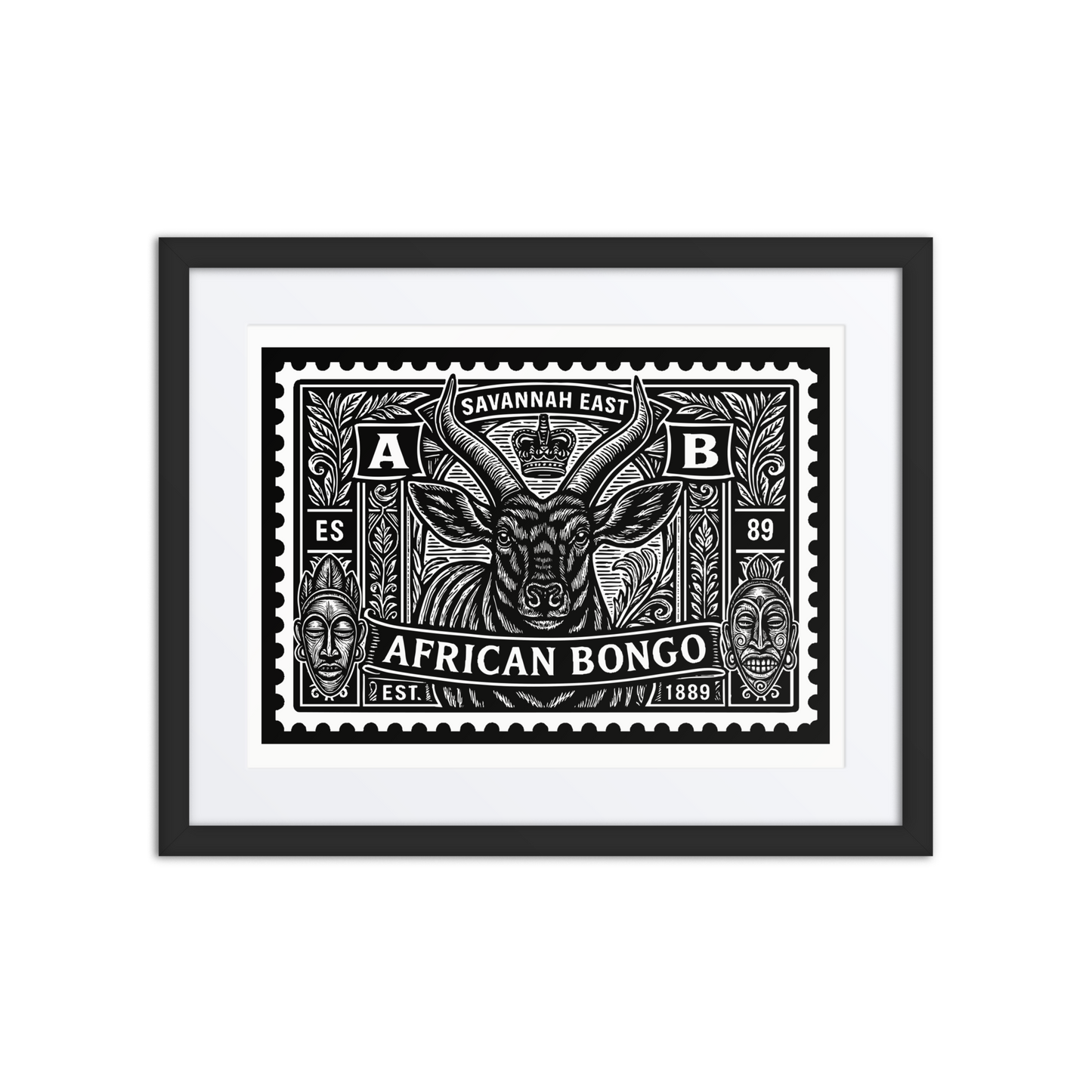 Black and white linocut stamp illustration of an African bongo antelope with spiral horns, framed by tribal motifs, foliage, and the words “Savannah East” and “1889”