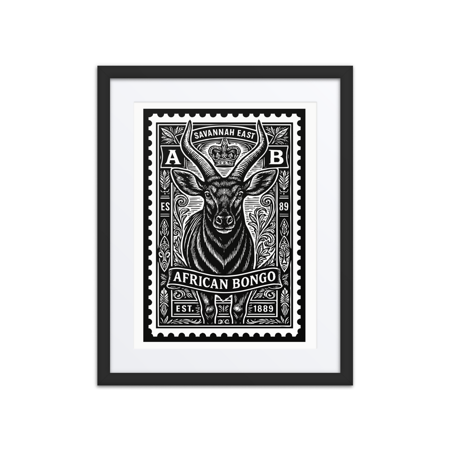 Black and white linocut stamp illustration of an African bongo antelope with spiral horns, framed by tribal motifs, foliage, and the words “Savannah East” and “1889”