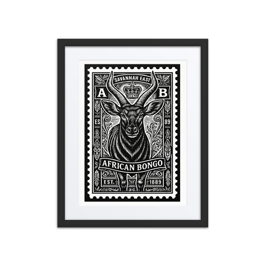 Black and white linocut stamp illustration of an African bongo antelope with spiral horns, framed by tribal motifs, foliage, and the words “Savannah East” and “1889”