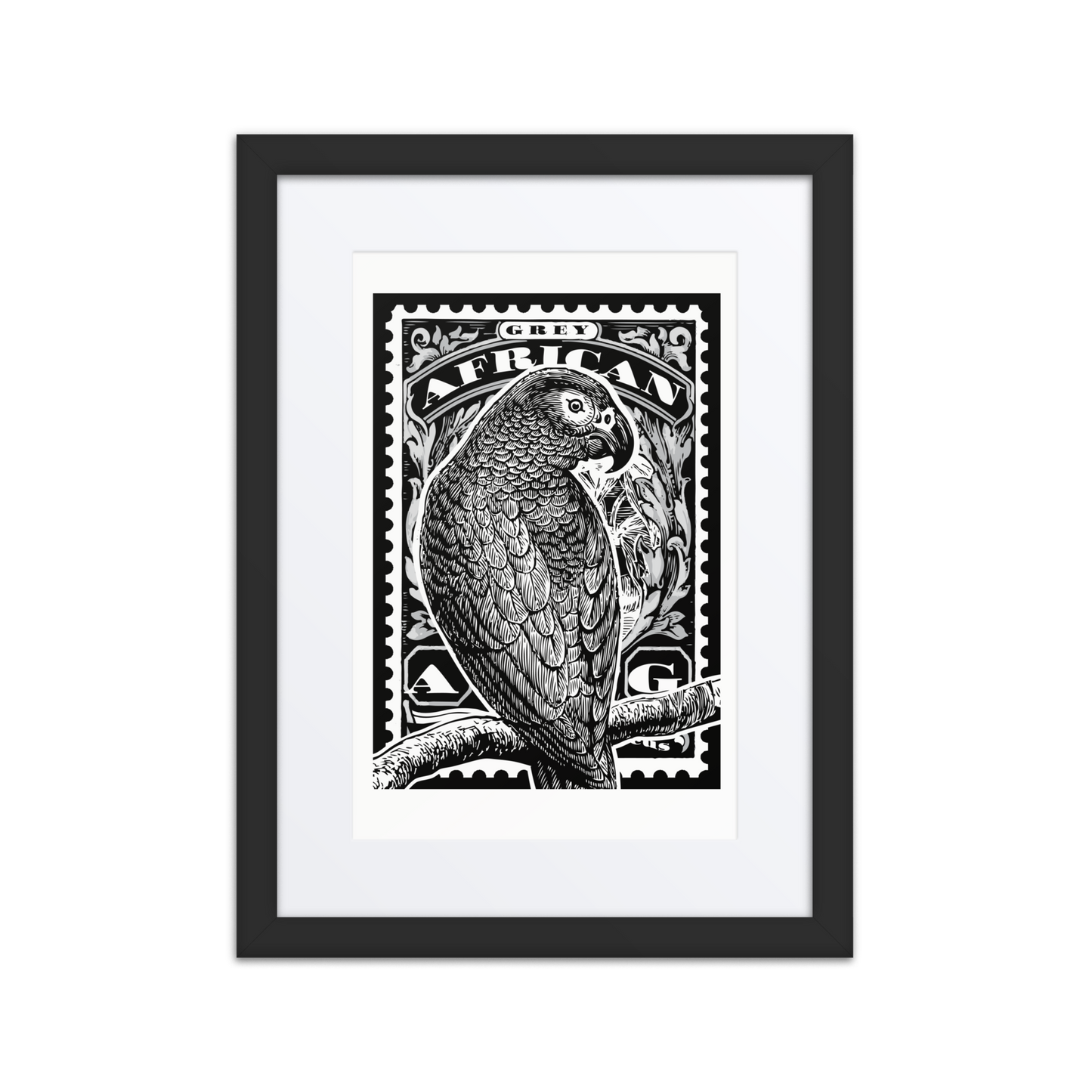 Linocut-style black-and-white stamp illustration of an African Grey Parrot perched diagonally on a curved branch, with flowing tail feathers extending off the frame and vintage decorative flourishes in the background.