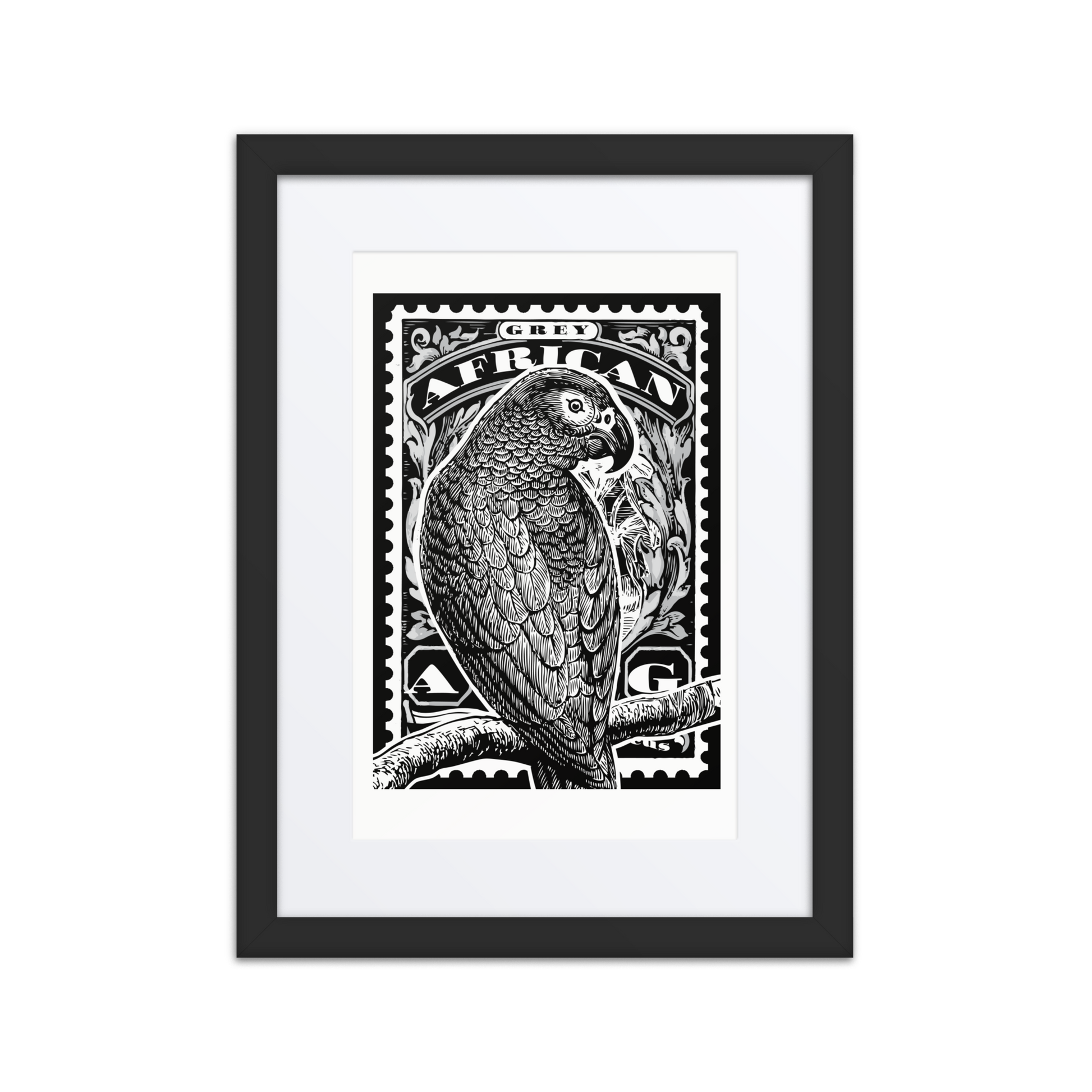 Linocut-style black-and-white stamp illustration of an African Grey Parrot perched diagonally on a curved branch, with flowing tail feathers extending off the frame and vintage decorative flourishes in the background.