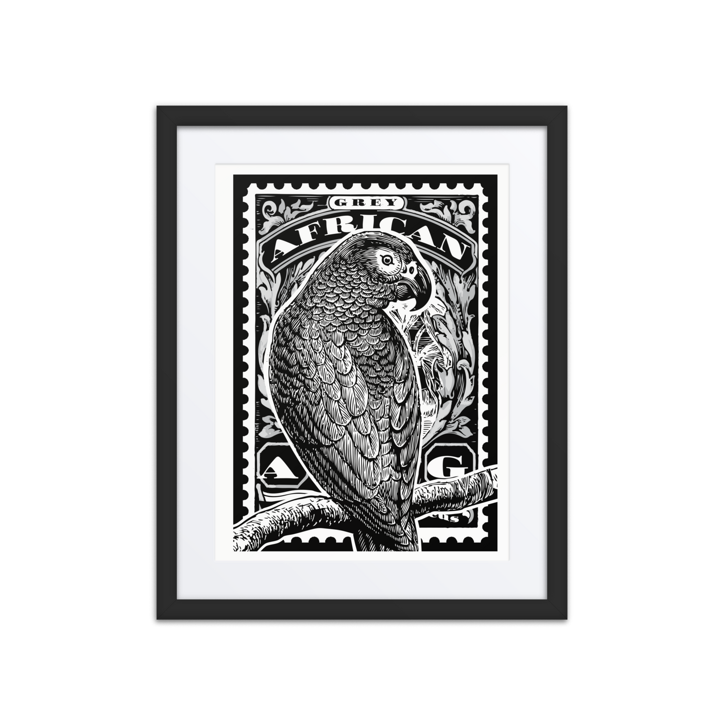 Linocut-style black-and-white stamp illustration of an African Grey Parrot perched diagonally on a curved branch, with flowing tail feathers extending off the frame and vintage decorative flourishes in the background.