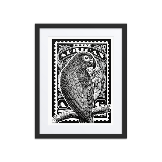Linocut-style black-and-white stamp illustration of an African Grey Parrot perched diagonally on a curved branch, with flowing tail feathers extending off the frame and vintage decorative flourishes in the background.