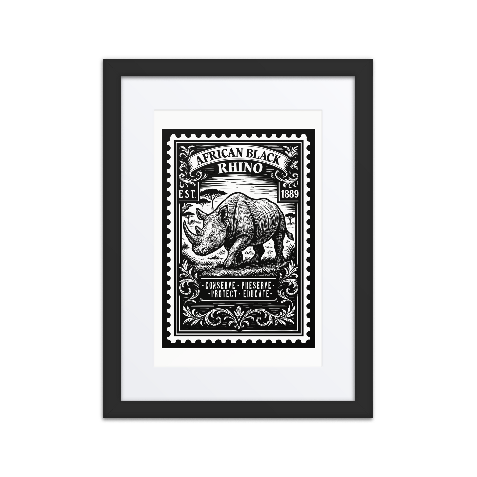 Linocut-style stamp illustration of an African Black Rhino walking across the East African savannah, surrounded by engraved botanical flourishes and conservation-themed text.