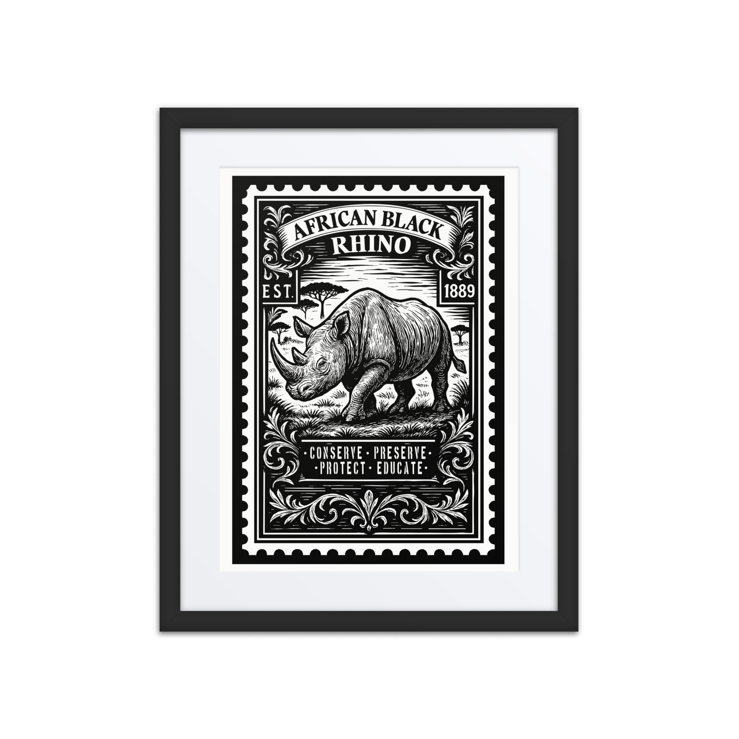 Linocut-style stamp illustration of an African Black Rhino walking across the East African savannah, surrounded by engraved botanical flourishes and conservation-themed text.