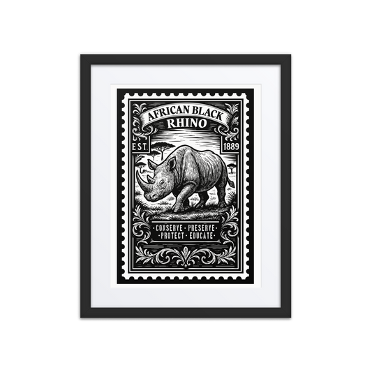 Linocut-style stamp illustration of an African Black Rhino walking across the East African savannah, surrounded by engraved botanical flourishes and conservation-themed text.