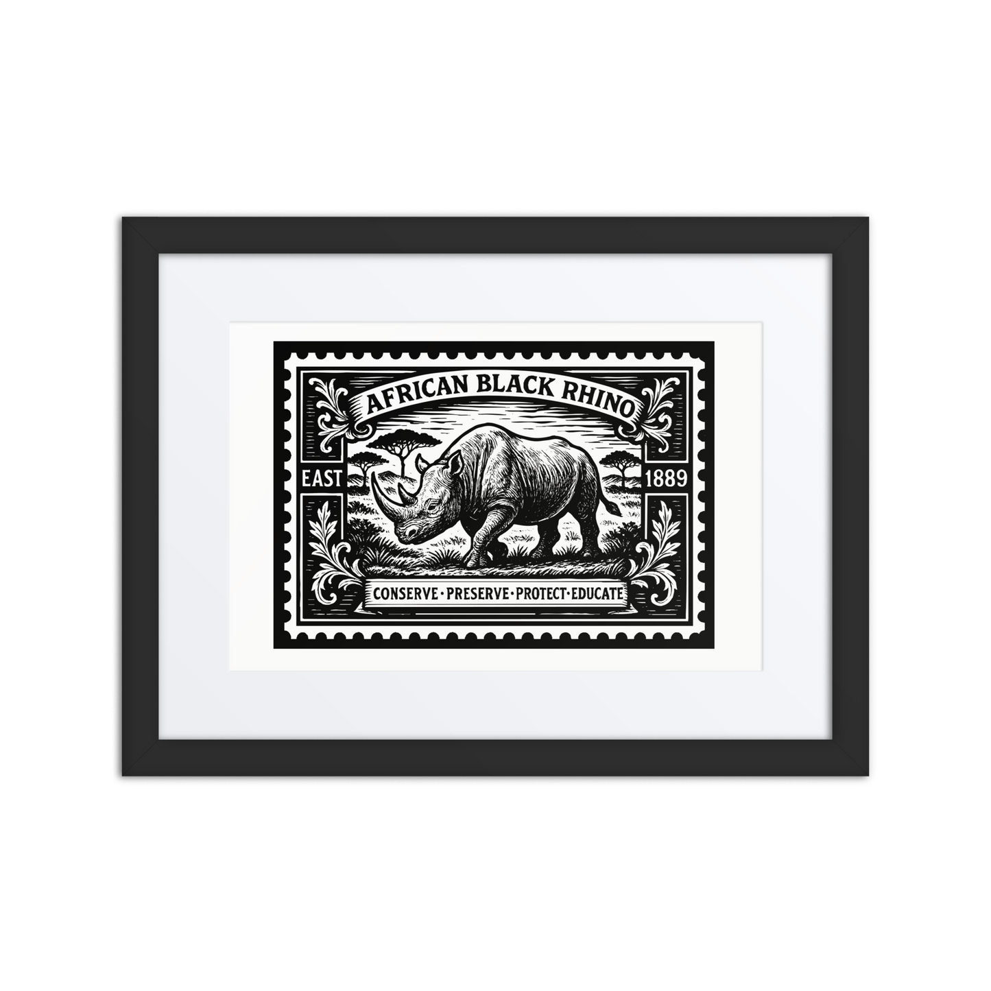 Linocut-style stamp illustration of an African Black Rhino walking across the East African savannah, surrounded by engraved botanical flourishes and conservation-themed text.