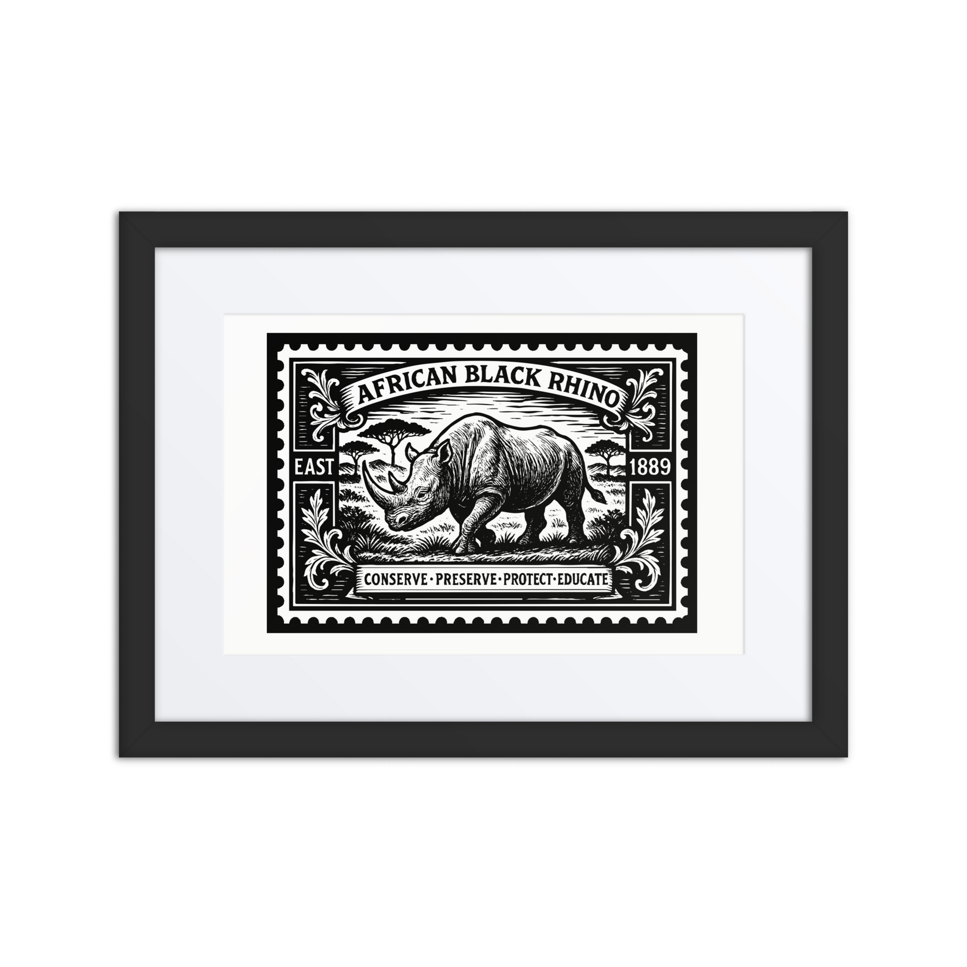 Linocut-style stamp illustration of an African Black Rhino walking across the East African savannah, surrounded by engraved botanical flourishes and conservation-themed text.