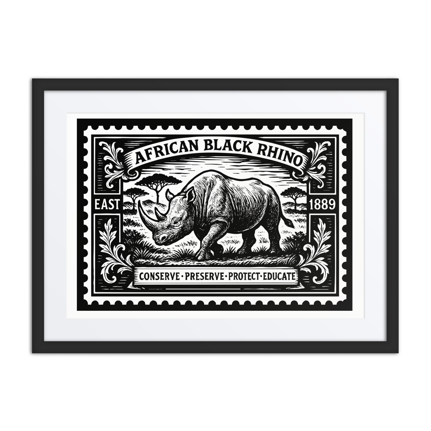 Linocut-style stamp illustration of an African Black Rhino walking across the East African savannah, surrounded by engraved botanical flourishes and conservation-themed text.