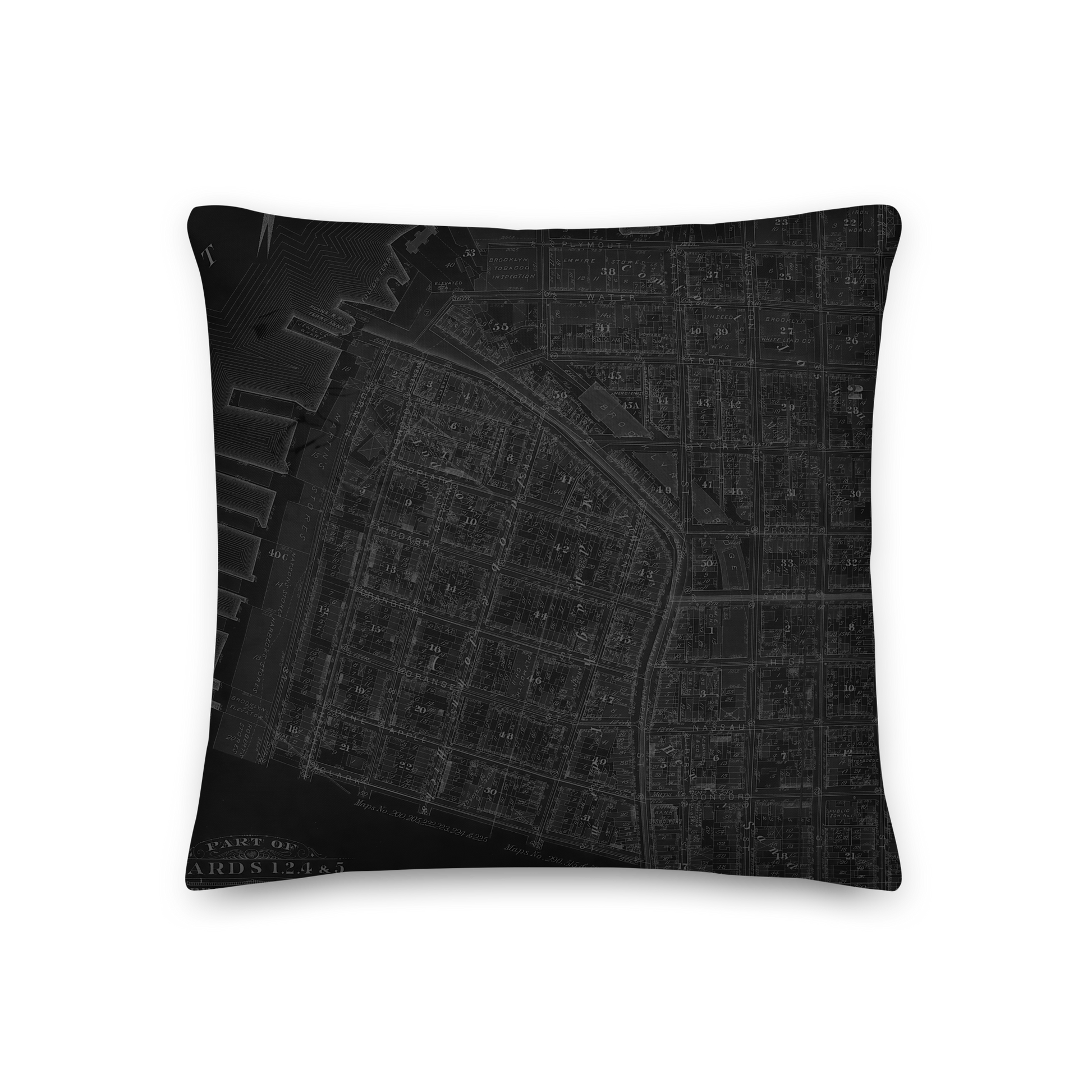 Brooklyn Cartouche Throw Pillow featuring borough cartouche artwork in bold monochrome with double-sided design