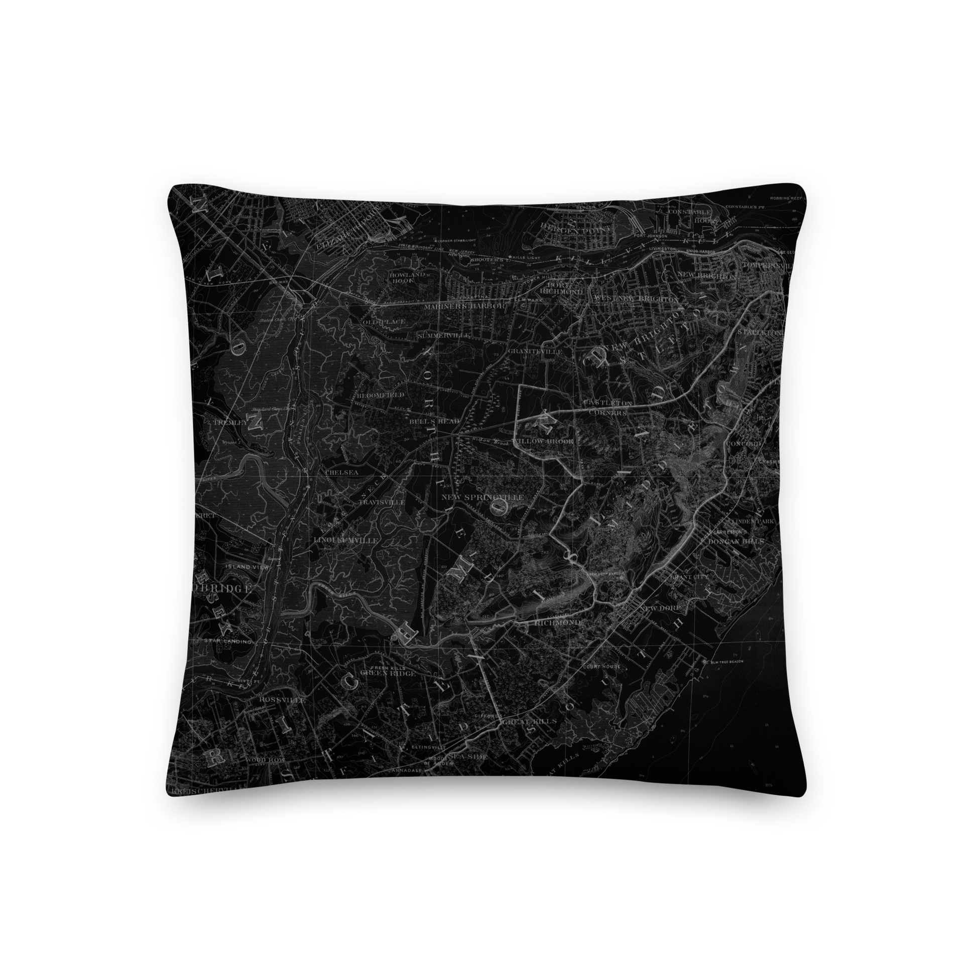 Staten Island Cartouche Throw Pillow featuring monochrome stamp-style cartouche artwork with borough details and vintage map design.