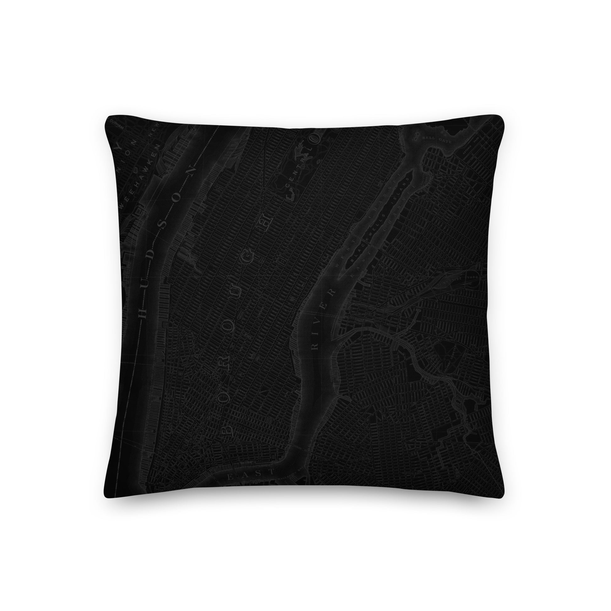 NYC Cartouche Throw Pillow featuring monochrome artwork of all five borough crests united in one vintage-style cartouche design.