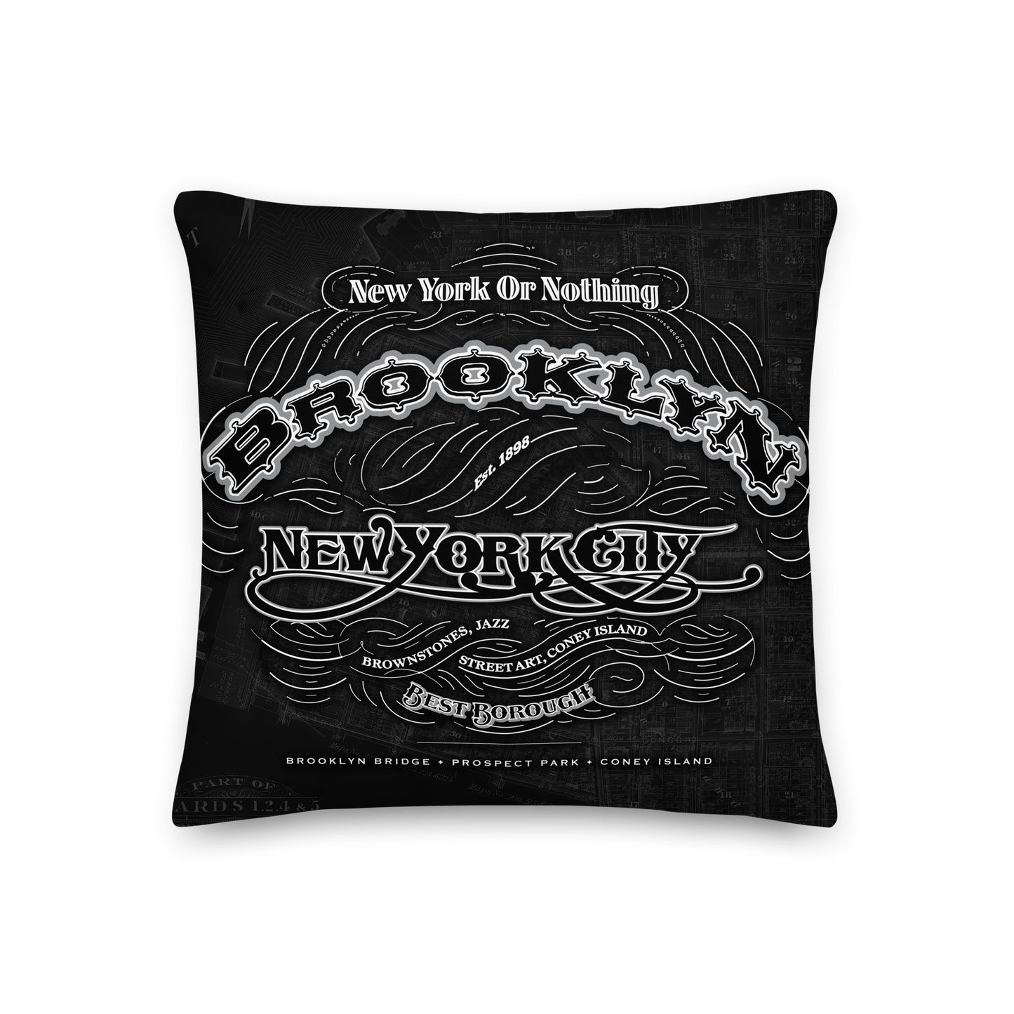 Brooklyn Cartouche Throw Pillow featuring borough cartouche artwork in bold monochrome with double-sided design