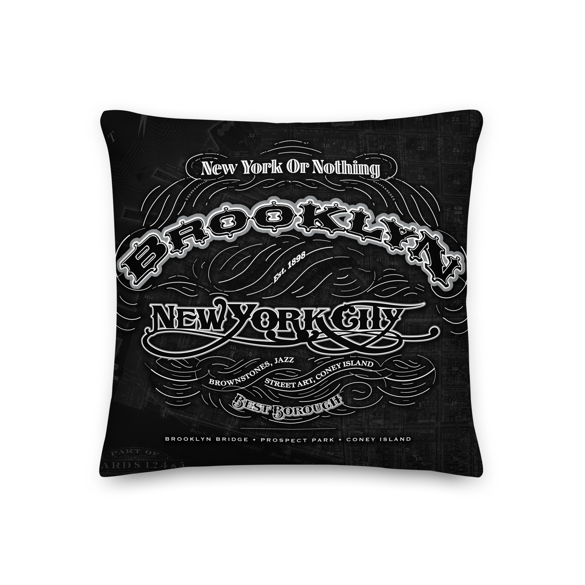 Brooklyn Cartouche Throw Pillow featuring borough cartouche artwork in bold monochrome with double-sided design