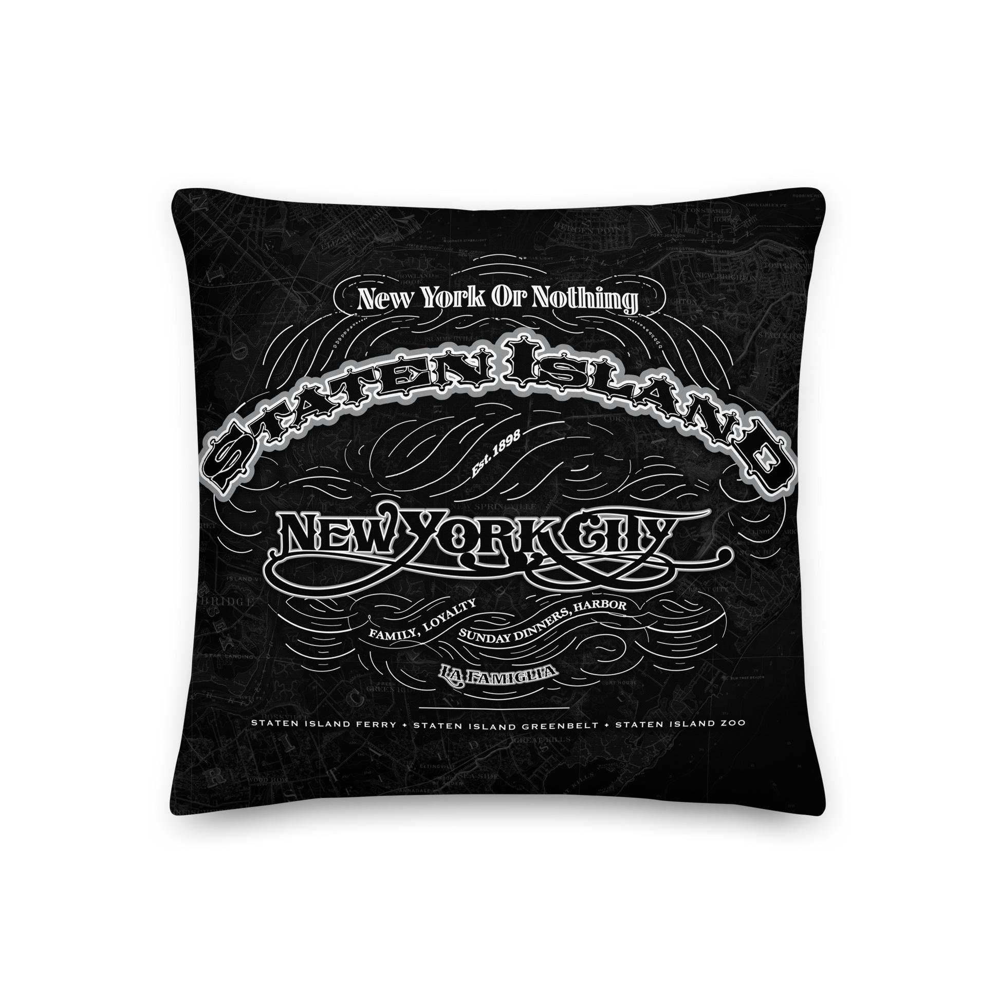 Staten Island Cartouche Throw Pillow featuring monochrome stamp-style cartouche artwork with borough details and vintage map design.