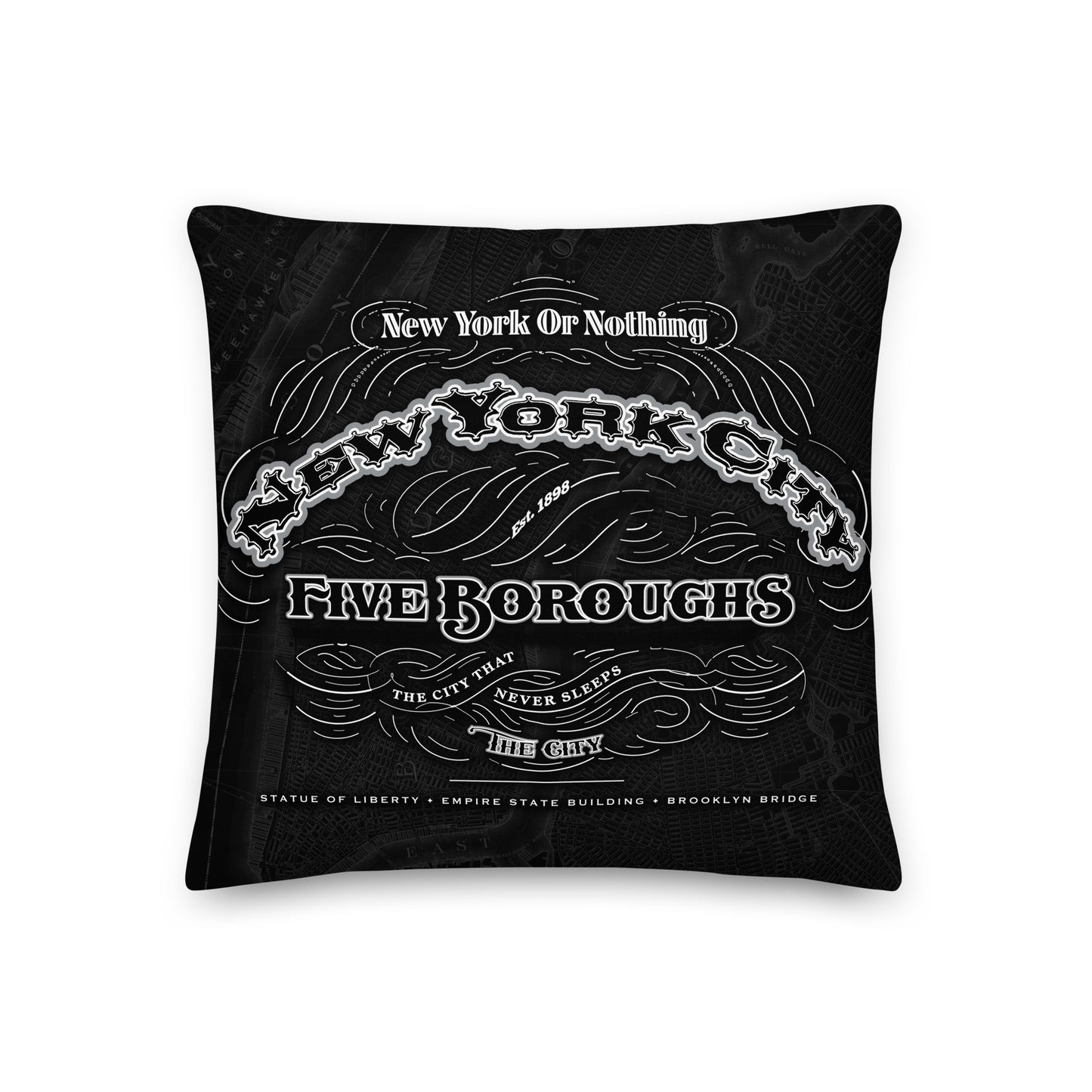 NYC Cartouche Throw Pillow featuring monochrome artwork of all five borough crests united in one vintage-style cartouche design.