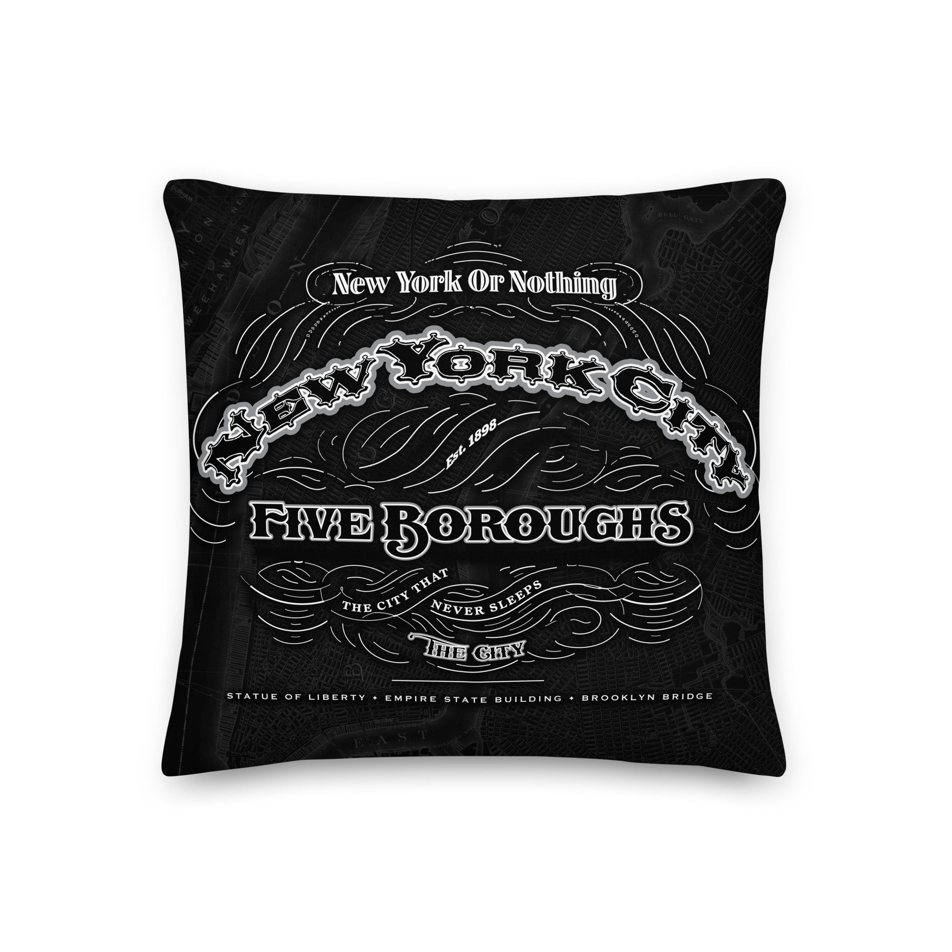 NYC Cartouche Throw Pillow featuring monochrome artwork of all five borough crests united in one vintage-style cartouche design.