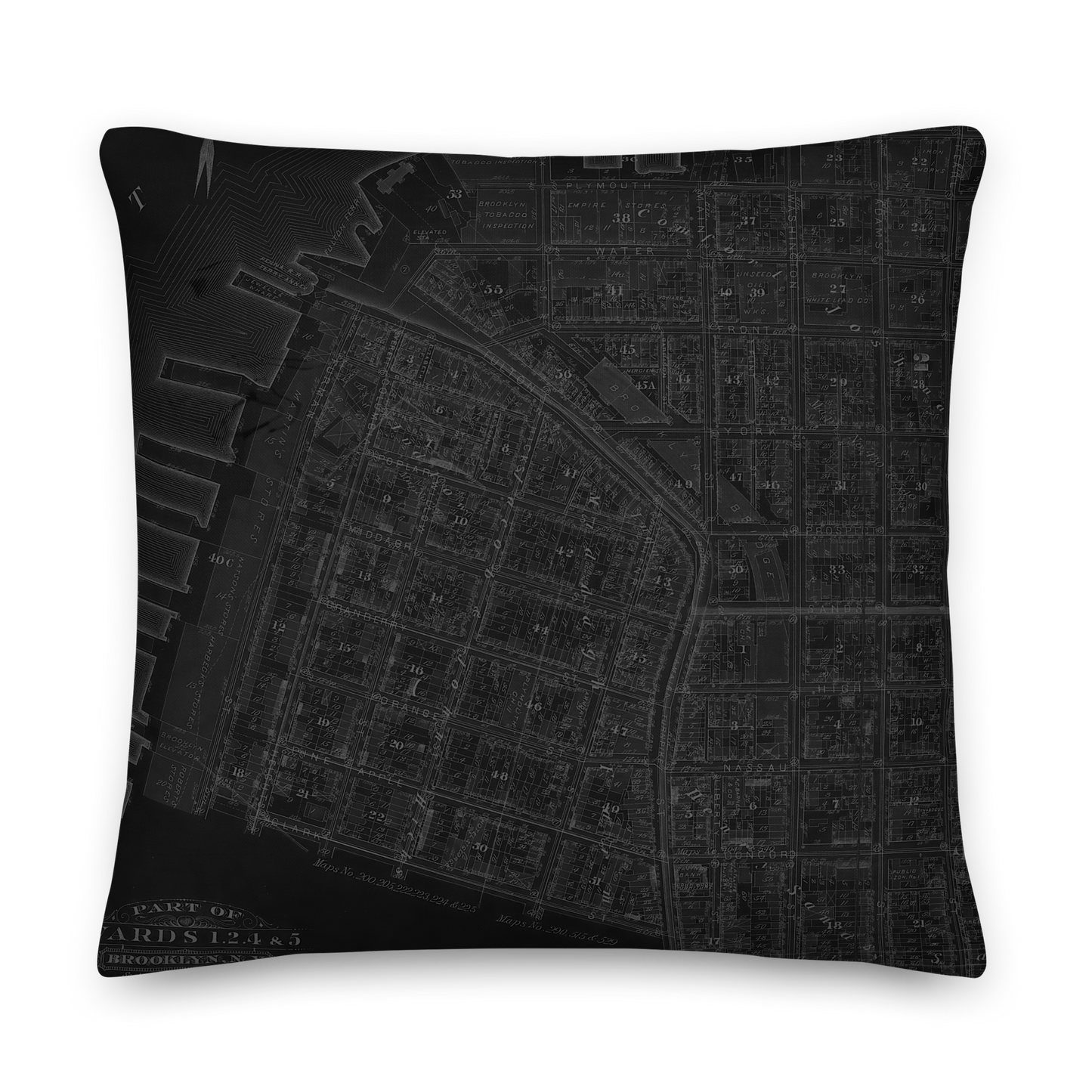 Brooklyn Cartouche Throw Pillow featuring borough cartouche artwork in bold monochrome with double-sided design