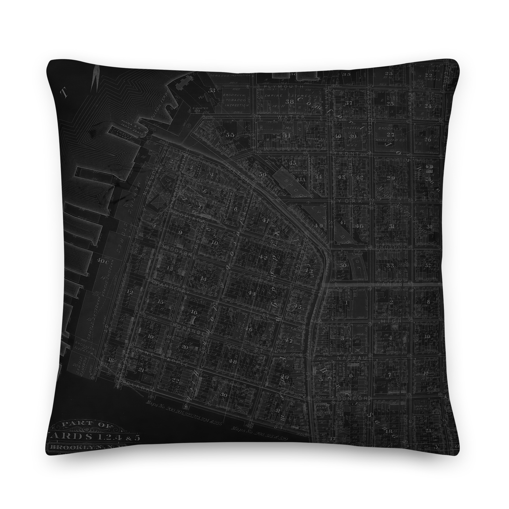 Brooklyn Cartouche Throw Pillow featuring borough cartouche artwork in bold monochrome with double-sided design