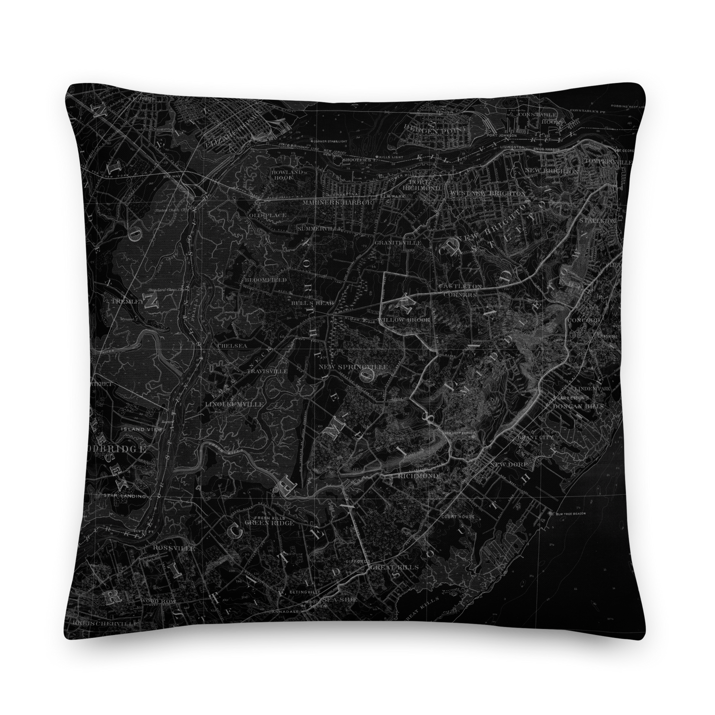 Staten Island Cartouche Throw Pillow featuring monochrome stamp-style cartouche artwork with borough details and vintage map design.