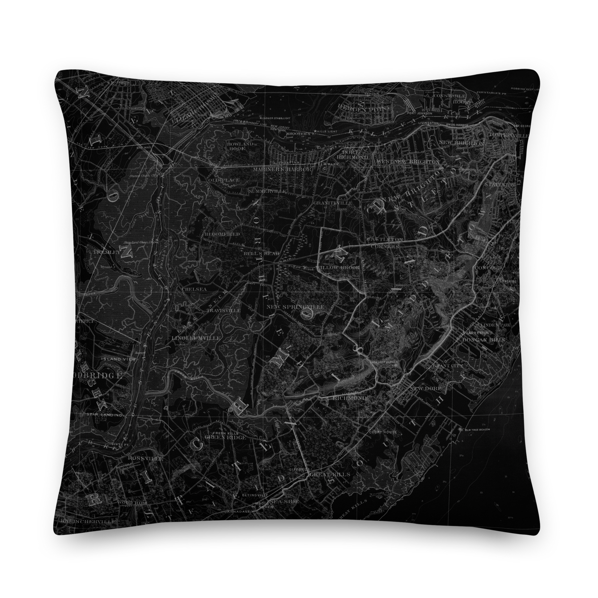 Staten Island Cartouche Throw Pillow featuring monochrome stamp-style cartouche artwork with borough details and vintage map design.