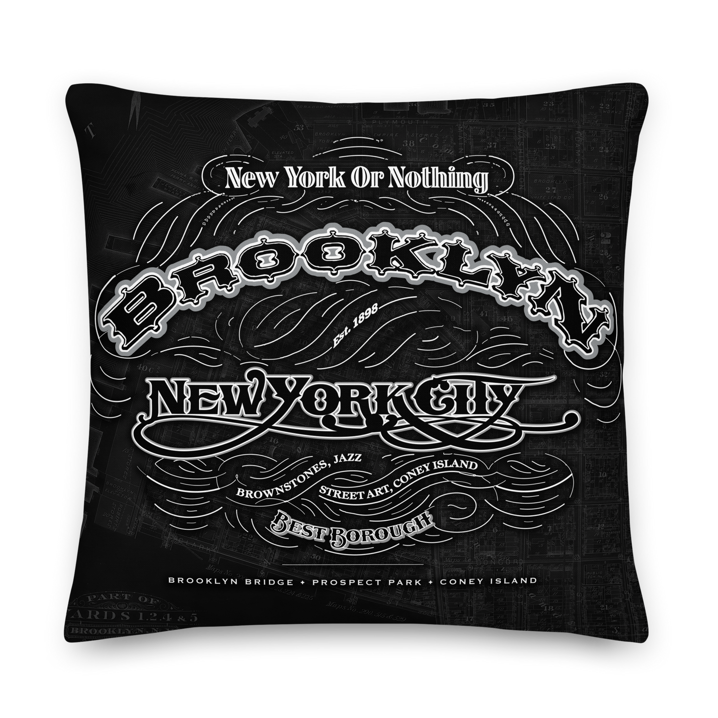 Brooklyn Cartouche Throw Pillow featuring borough cartouche artwork in bold monochrome with double-sided design