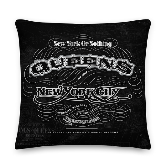 Queens Cartouche Throw Pillow featuring borough crest in black and gray monochrome design