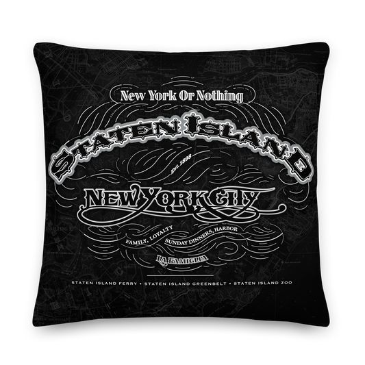 Staten Island Cartouche Throw Pillow featuring monochrome stamp-style cartouche artwork with borough details and vintage map design.