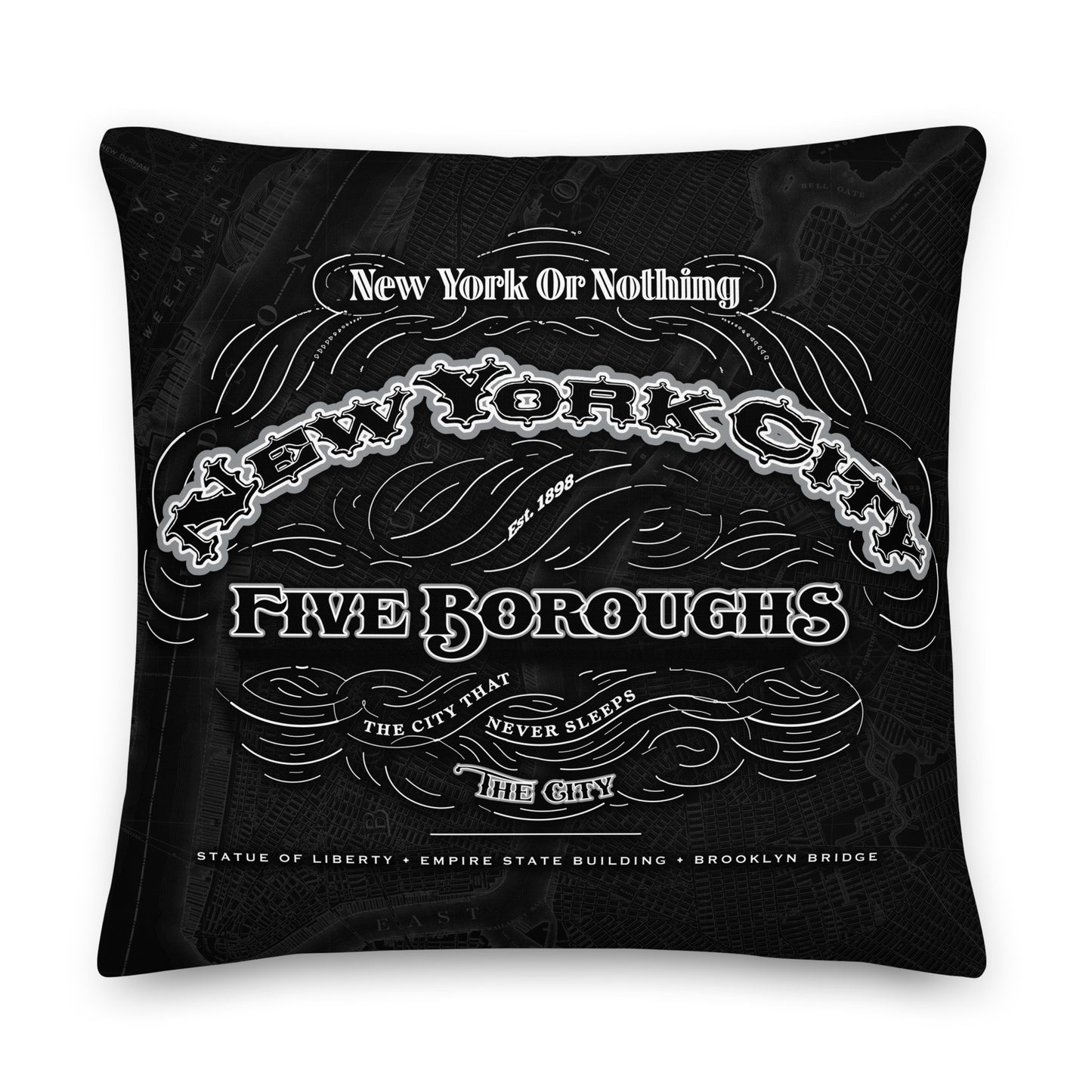 NYC Cartouche Throw Pillow featuring monochrome artwork of all five borough crests united in one vintage-style cartouche design.