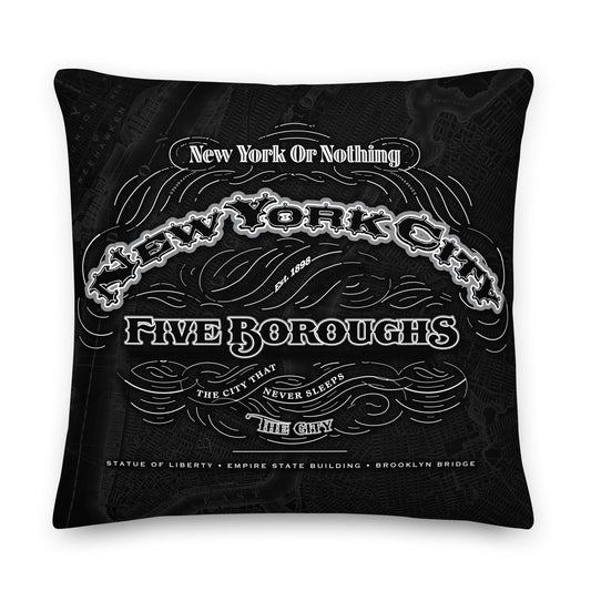 NYC Cartouche Throw Pillow featuring monochrome artwork of all five borough crests united in one vintage-style cartouche design.