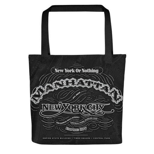 A durable canvas tote featuring the Manhattan Cartouche stamp art design in monochrome, displayed with city-inspired styling.