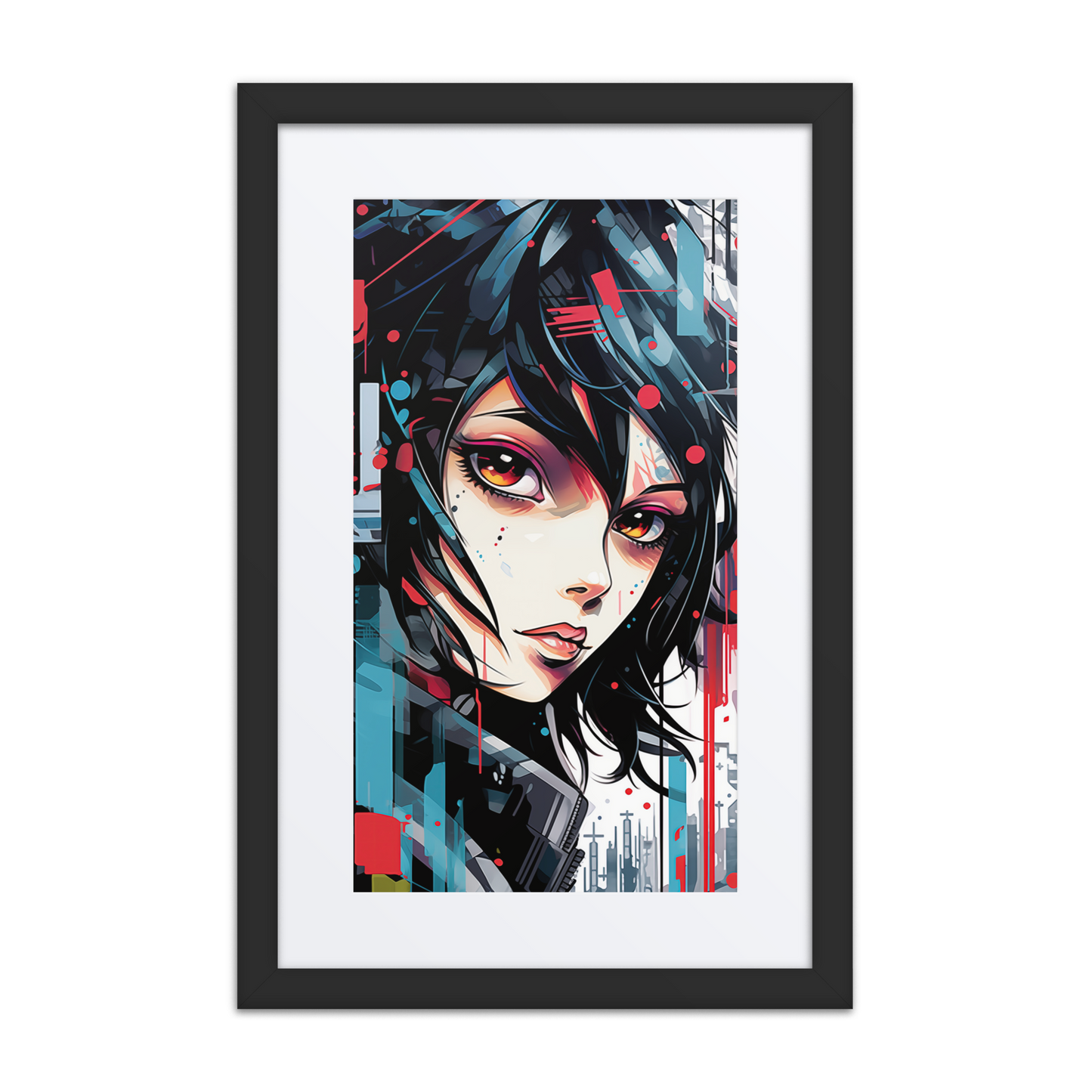 A dynamic anime-style print of a black-haired girl with intense eyes, street tattoos, and a confident gaze, set against a colorful, graffiti-filled backdrop. Symbolizes resilience and urban strength.
