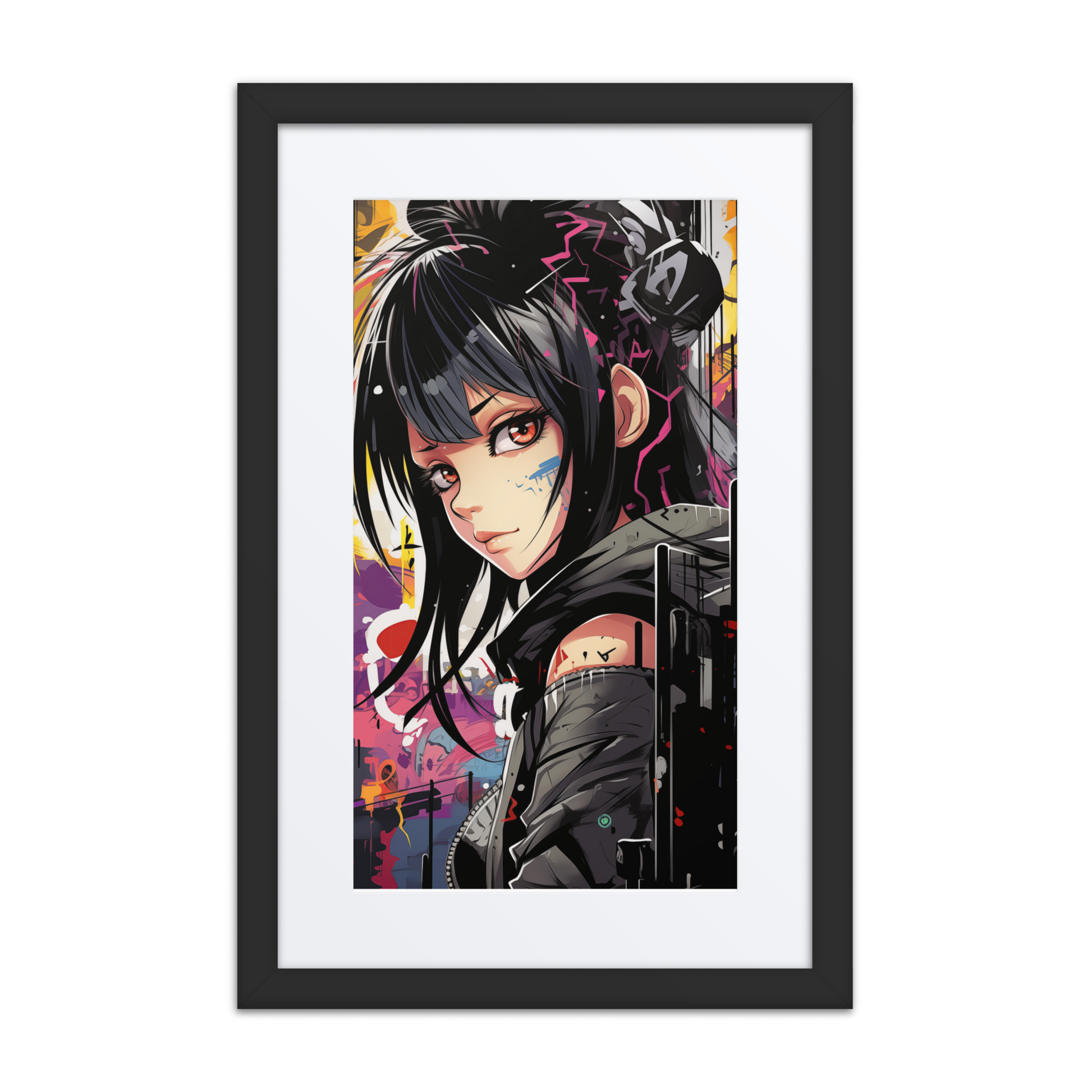 A dynamic anime-style print of a black-haired girl with intense eyes, street tattoos, and a confident gaze, set against a colorful, graffiti-filled backdrop. Symbolizes resilience and urban strength.