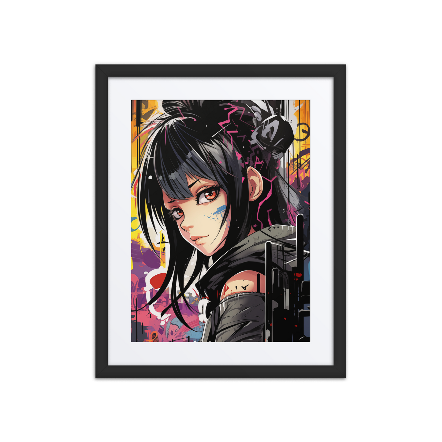 A dynamic anime-style print of a black-haired girl with intense eyes, street tattoos, and a confident gaze, set against a colorful, graffiti-filled backdrop. Symbolizes resilience and urban strength.