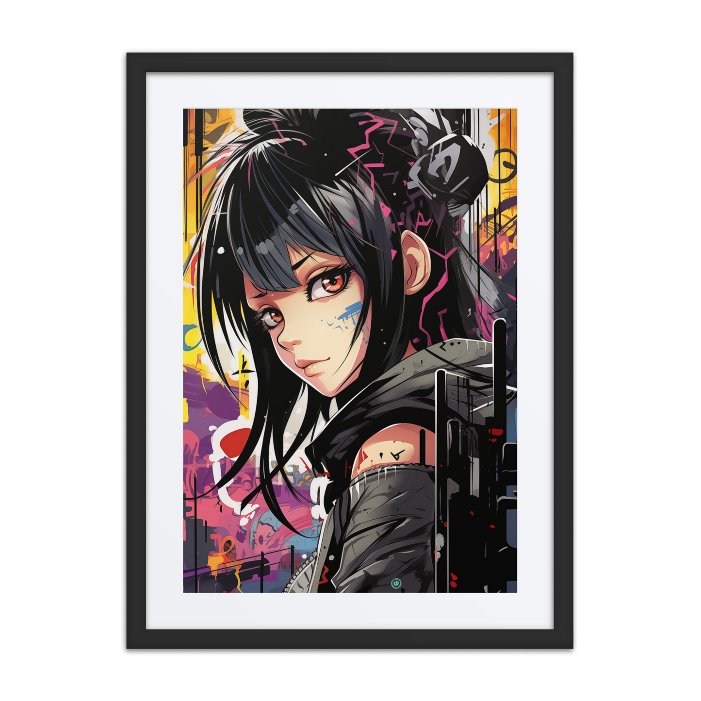 A dynamic anime-style print of a black-haired girl with intense eyes, street tattoos, and a confident gaze, set against a colorful, graffiti-filled backdrop. Symbolizes resilience and urban strength.