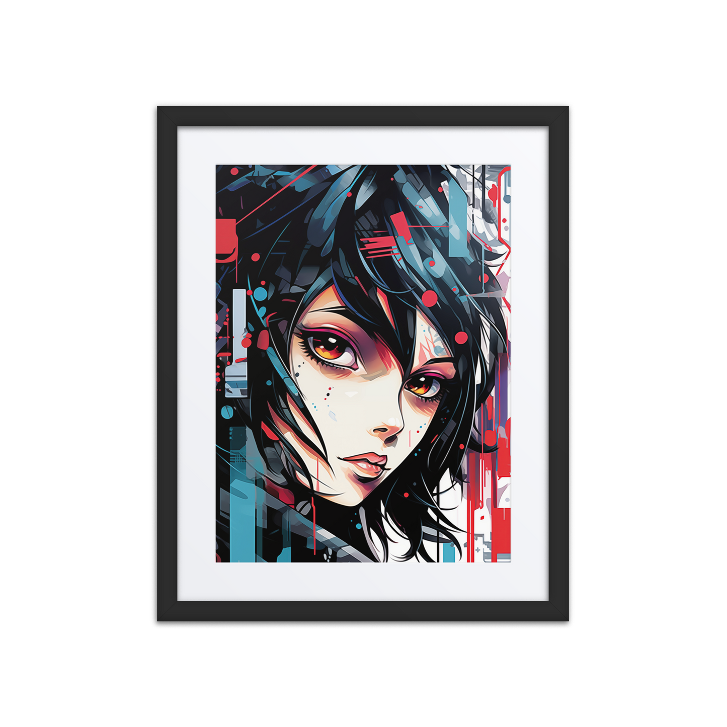 A dynamic anime-style print of a black-haired girl with intense eyes, street tattoos, and a confident gaze, set against a colorful, graffiti-filled backdrop. Symbolizes resilience and urban strength.