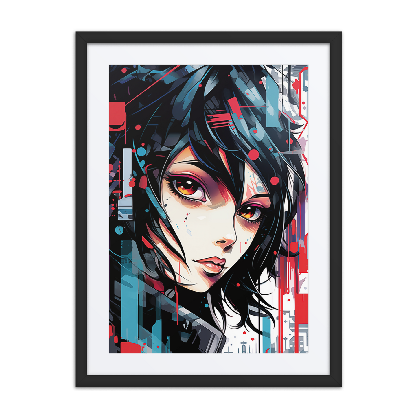 A dynamic anime-style print of a black-haired girl with intense eyes, street tattoos, and a confident gaze, set against a colorful, graffiti-filled backdrop. Symbolizes resilience and urban strength.