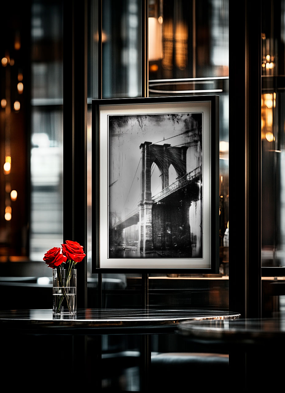 Black and white archival photo collection of New York City landmarks printed in 11x14 matte format, featuring iconic subjects such as the Brooklyn Bridge, Empire State Building, and Statue of Liberty.