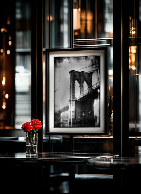 Black and white archival photo collection of New York City landmarks printed in 11x14 matte format, featuring iconic subjects such as the Brooklyn Bridge, Empire State Building, and Statue of Liberty.