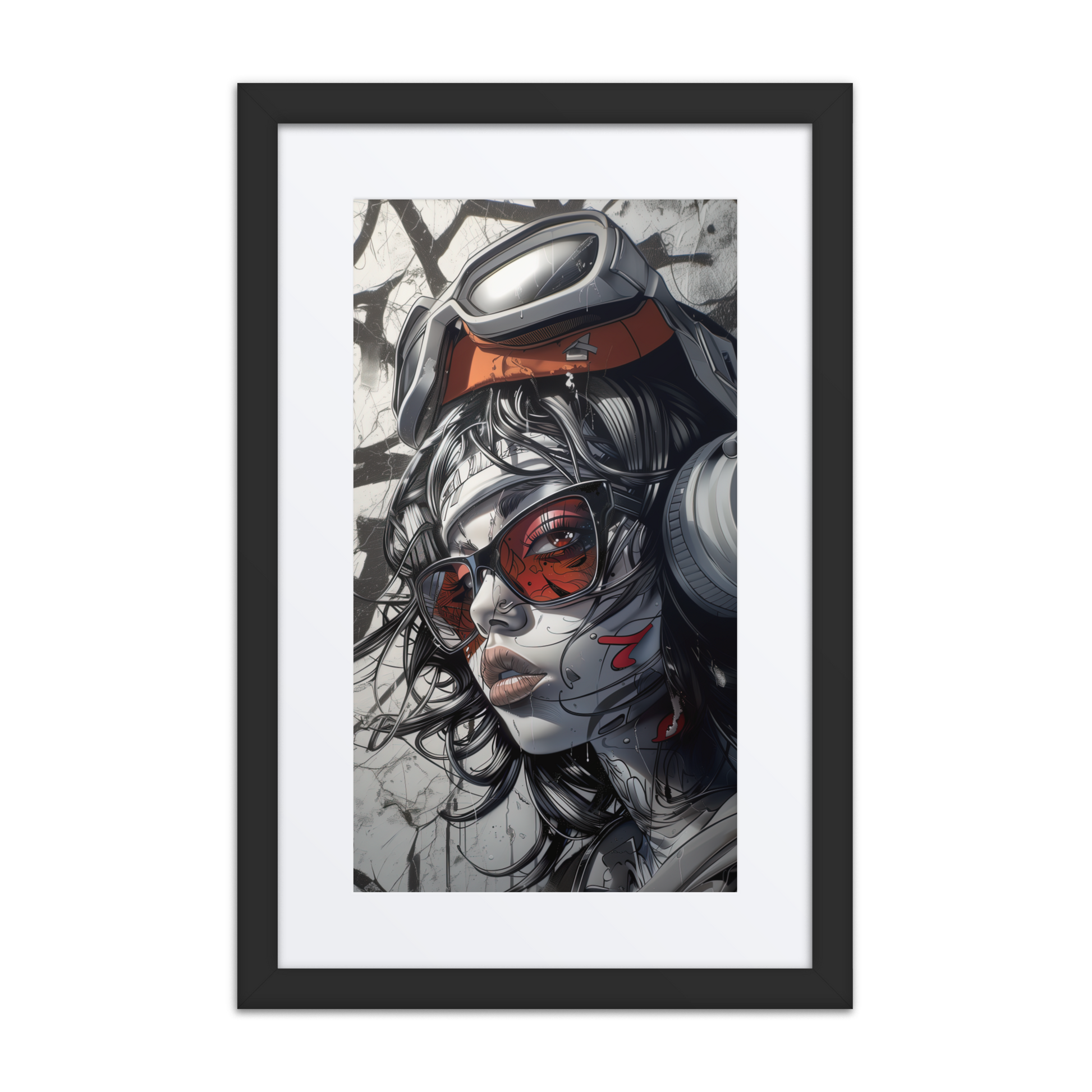 Blade – A hand-painted street art portrait of a rebellious woman in goggles and headphones, featuring graffiti elements and bold red highlights.