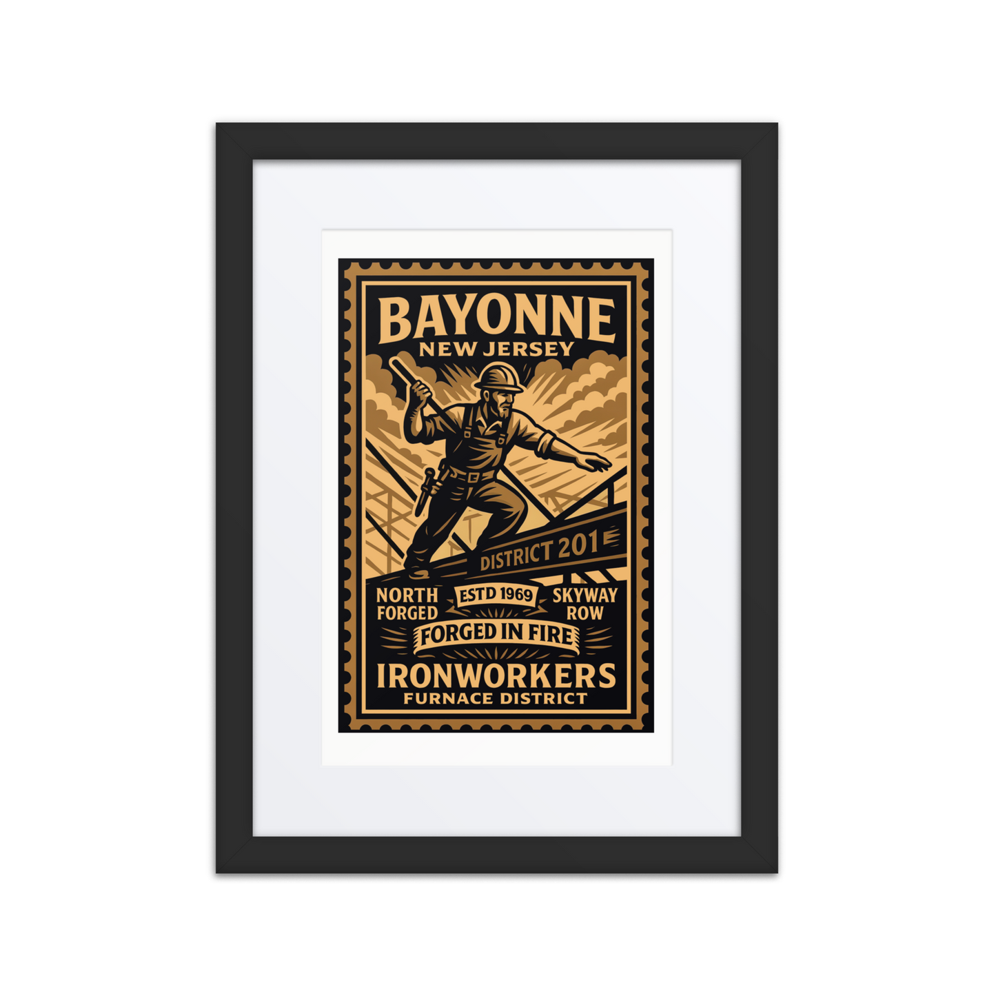 Vintage-style linocut print of a Bayonne dockworker forging metal near the waterfront, with smokestacks and cranes in the background.