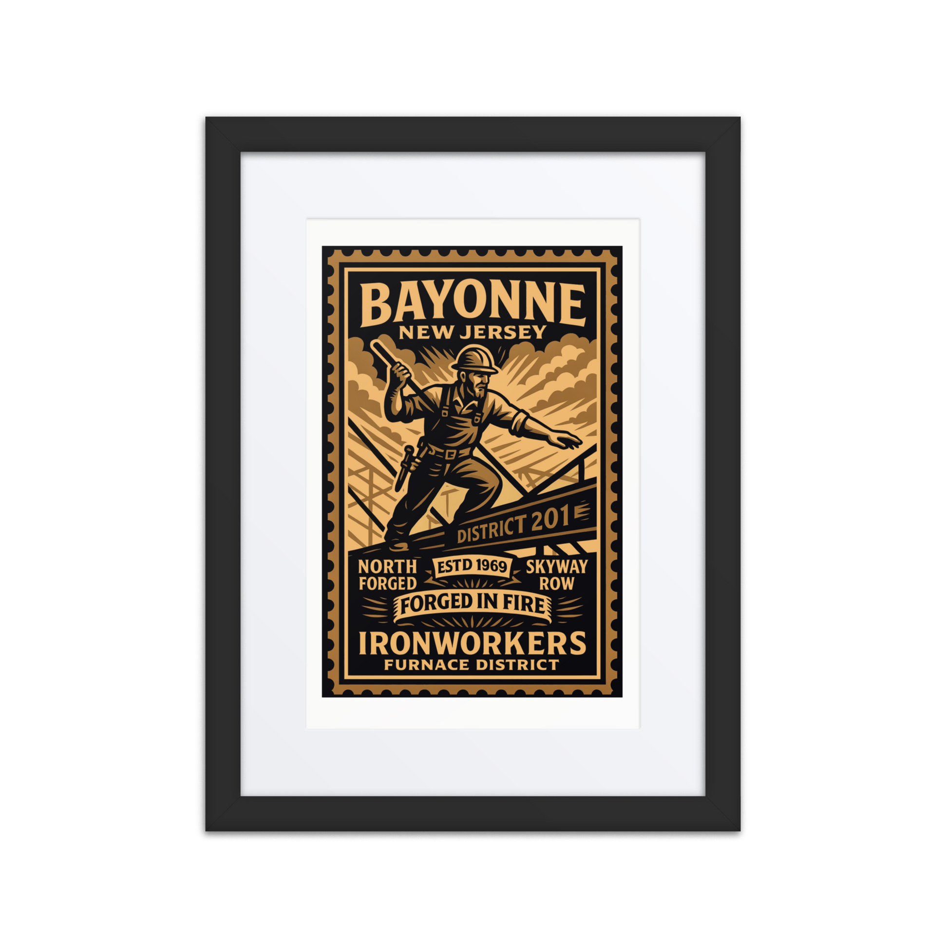 Vintage-style linocut print of a Bayonne dockworker forging metal near the waterfront, with smokestacks and cranes in the background.