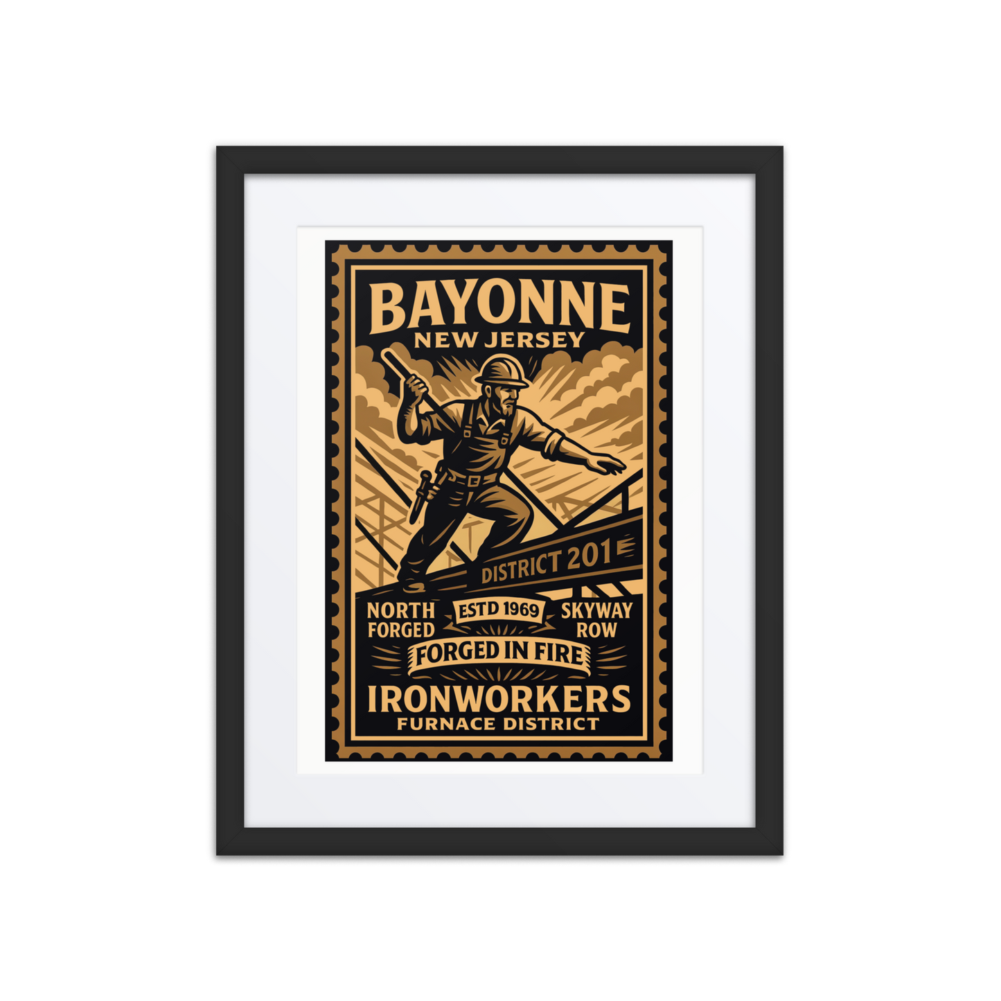 Vintage-style linocut print of a Bayonne dockworker forging metal near the waterfront, with smokestacks and cranes in the background.